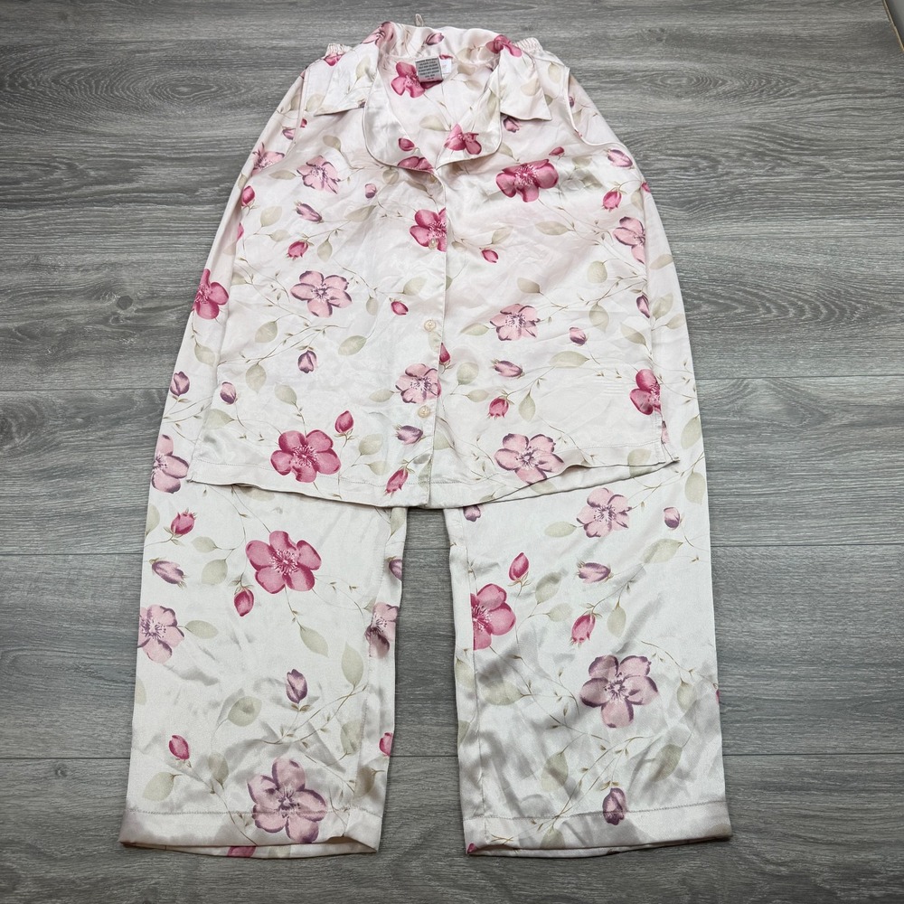 Vintage Barbizon Pajamas Women Small Beige Pink Floral Satin Sleeveless Top Pant